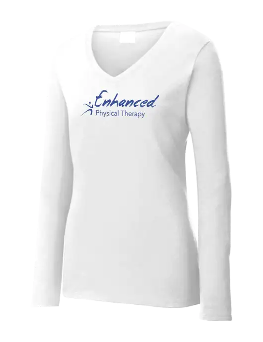 Womens  V-Neck Ring Spun White 4.5 oz Long Sleeve T-Shirt w/Enhanced Logo