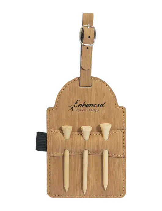 Bamboo Leatherette Golf Bag Tag with 3 Wooden Tees w/Enhanced Logo