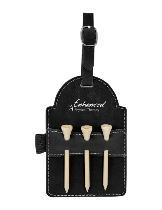 Black Leatherette Golf Bag Tag with 3 Wooden Tees w/Enhanced Logo