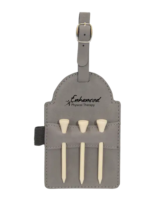 Grey Leatherette Golf Bag Tag with 3 Wooden Tees w/Enhanced Logo