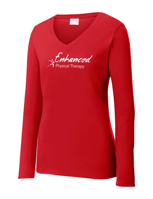 Womens  V-Neck Ring Spun Bright Red 4.5 oz Long Sleeve T-Shirt w/Enhanced Logo
