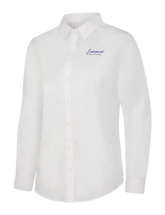 Womens White Long Sleeve Carefree Poplin Shirt w/Enhanced Logo