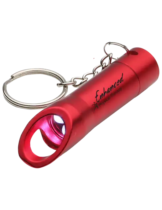 Red Pocket LED Flashlight with Bottle Opener & Keychain w/Enhanced Logo