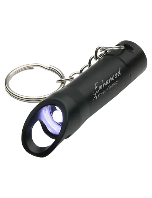 Black Pocket LED Flashlight with Bottle Opener & Keychain w/Enhanced Logo