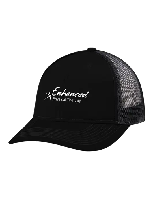 Snapback Ponytail Trucker Cap Black w/Black Mesh w/Enhanced Logo