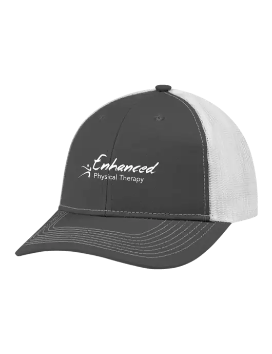 Snapback Ponytail Trucker Cap Dark Grey w/White Mesh w/Enhanced Logo